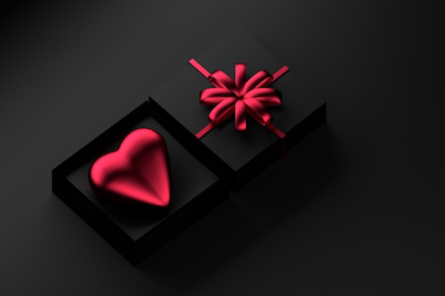 Black gift box with red heart and a bow.