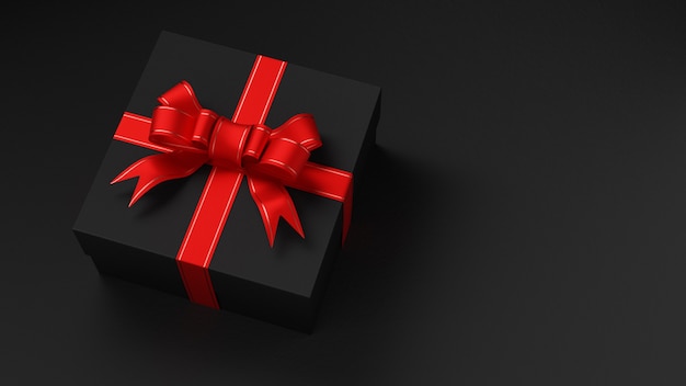 Black gift box with a red ribbon. Black Friday. Valentine's Day. 3d render.