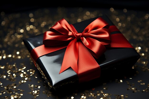 Black gift box with red ribbon and gold glitter