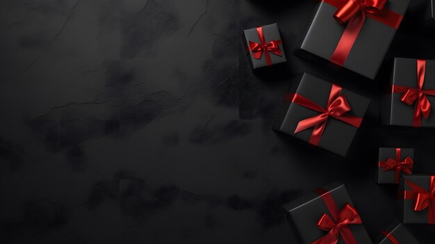 Black Gift Box with Red Ribbon on Isolated Background