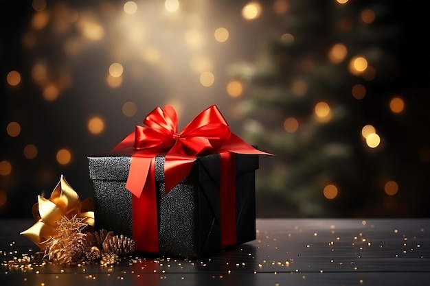 Photo black gift box with red ribbon and a red bow sits in front of a christmas tree