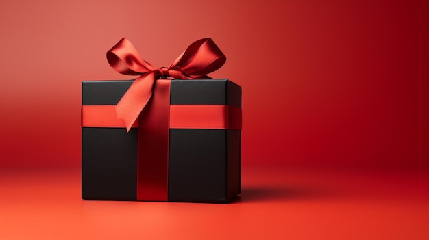 빨간 리본이 인 검은 선물 상자.