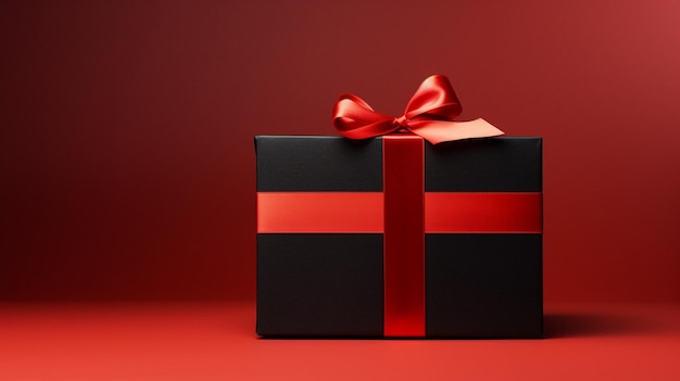 a black gift box with a red ribbon tied around it.