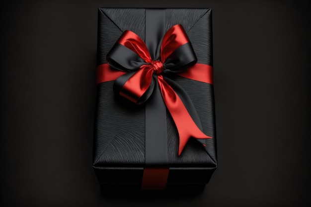 A black gift box with a red ribbon tied to it.