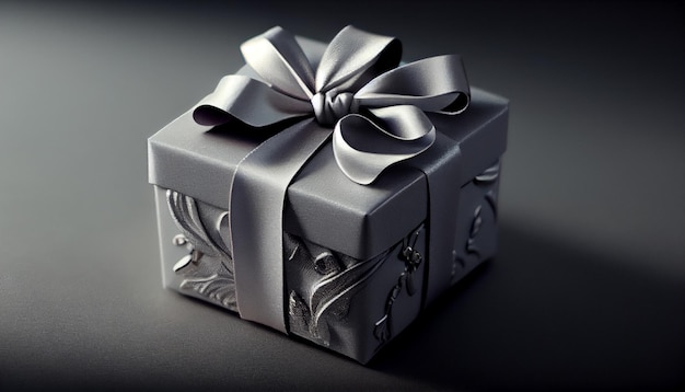 Black gift box with a silver bow on a grey backgroundgenerative ai