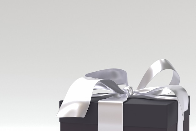 Black gift box with silver ribbon and bow isolated