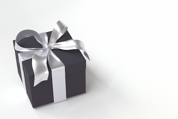 Black gift box with silver ribbon and bow isolated