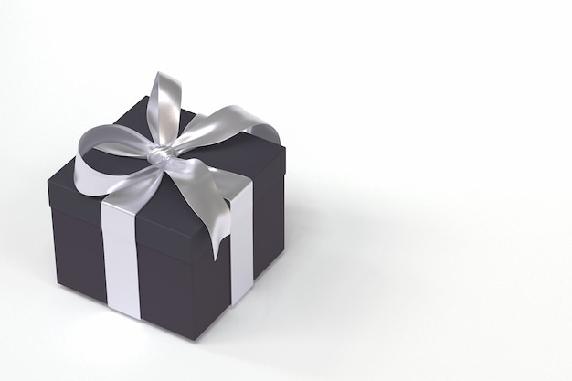 Black gift box with silver ribbon and bow isolated