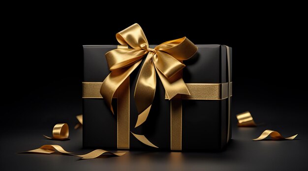 черный подарочный ящик, обернутый золотой лентой на темном фоне в стиле прецизионистского искусства