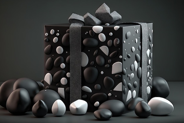 남자와 판매 배너 배경에 대한 흰색과 검은색 바위 추상 제품 디스플레이 선물로 포장된 검은색 선물 상자
