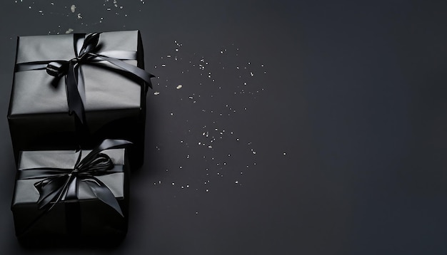 Фото Черные подарочные коробки, расположенные на темном фоне, концепция скидок черной пятницы