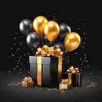 Photo black gift boxes ballons and ribbon arranged on dark background black friday