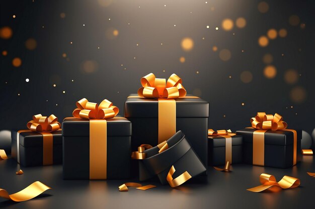 Black gift boxes ballons and ribbon arranged on dark background black friday