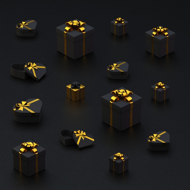 Black gift boxes and hearts with gold ribbon on black rough