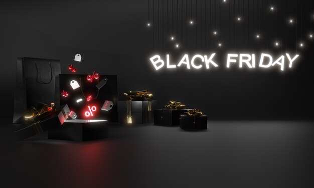 Photo black gift boxes with gold bows on black background neon sign black friday 3d render