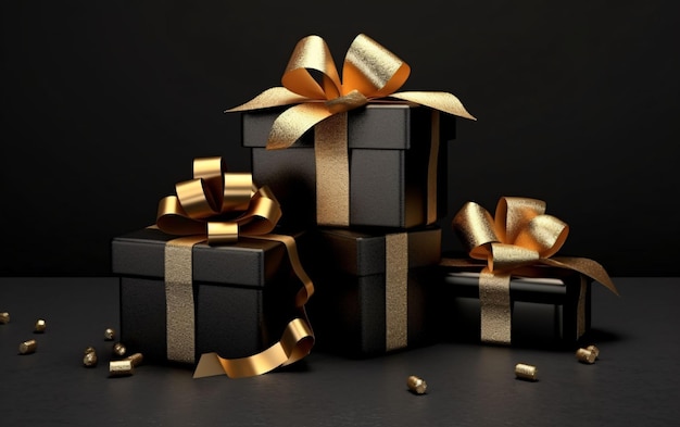 Black Gift Boxes with Gold Ribbon on Black Studio Background Generative AI