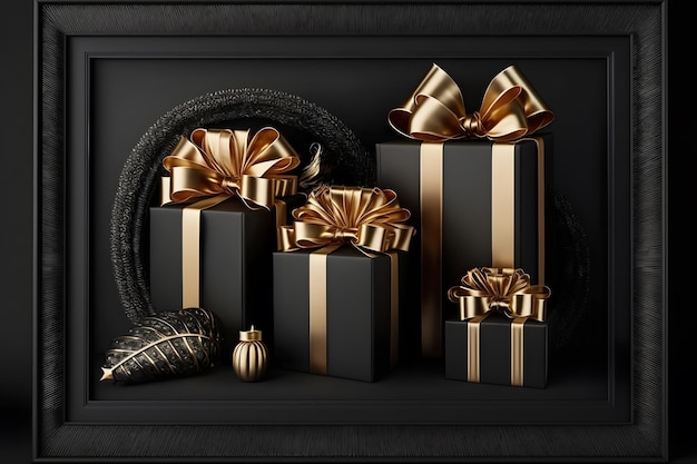 Black gift boxes with gold ribbon on dark background Neural network AI generated