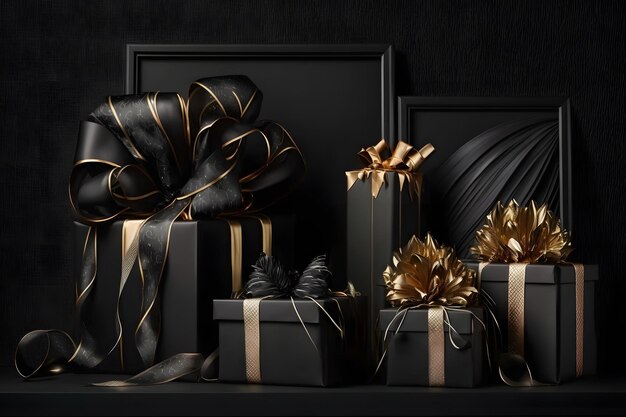 Black gift boxes with gold ribbon on dark background Neural network AI generated