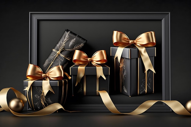 Black gift boxes with gold ribbon on dark background Neural network AI generated