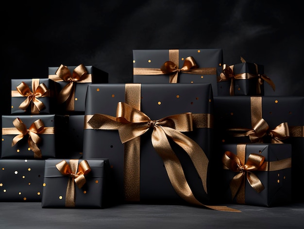 Black gift boxes with golden bows on black background 3d rendering