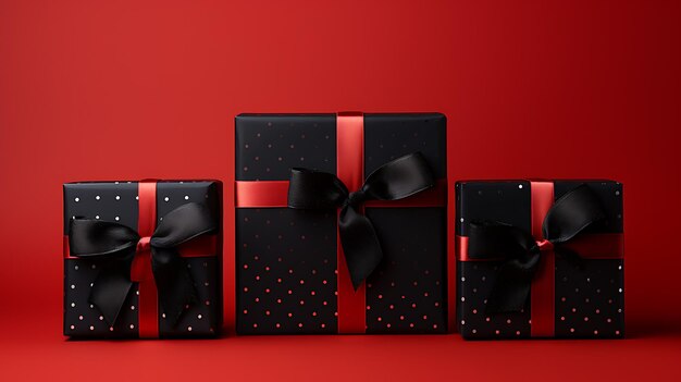 Black gift boxes with red bows on red background