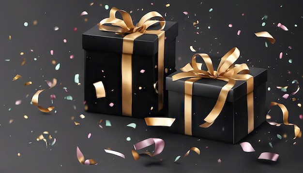 Black gift boxes with ribbon and confetti on black background with blank space new year birthday or