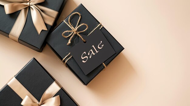 черные подарочные коробки с гладкими лентами, каждая из которых украшена словом "продажа" в современном и минималистском стиле, создавая изысканное и впечатляющее представление скидных предложений