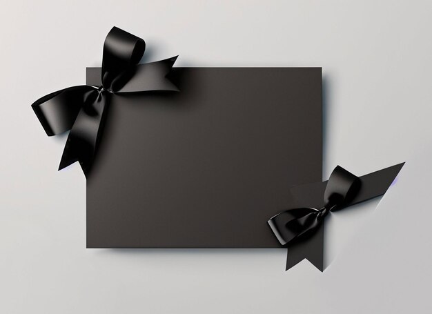 Фото Черная подарочная карта с черным бантом из ленты с местом для копирования