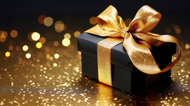 A black gift with gold ribbon on it