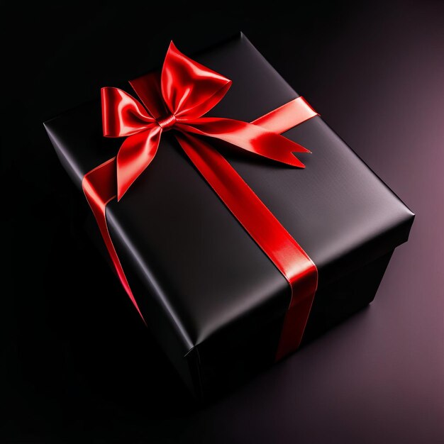 A black gift with a red bow Monochrome black background
