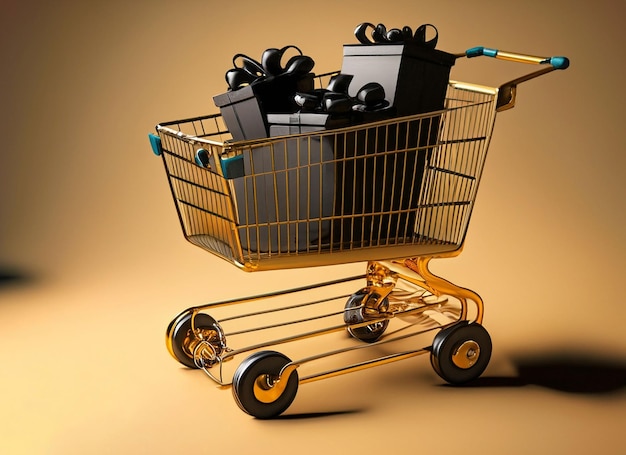 Black gifts box in gloden shopping cart