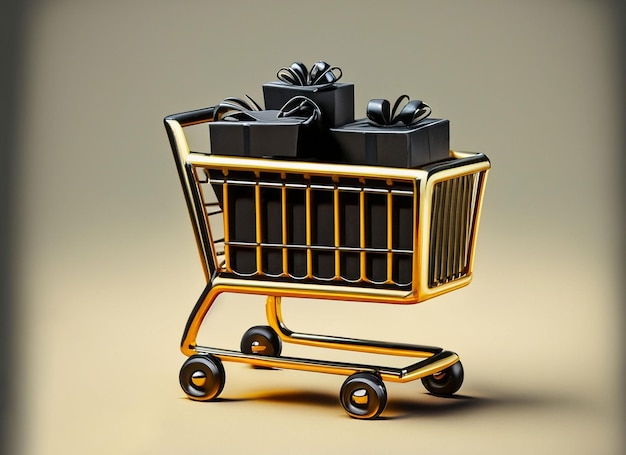 Black gifts box in gloden shopping cart