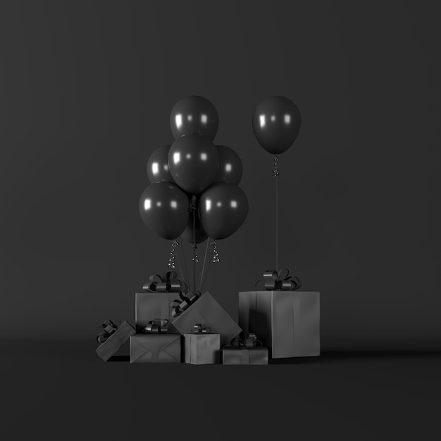 Black Gifts box Set with black balloons group on Dark background for copy space. 3D Render. Christmas Black friday Concept idea.