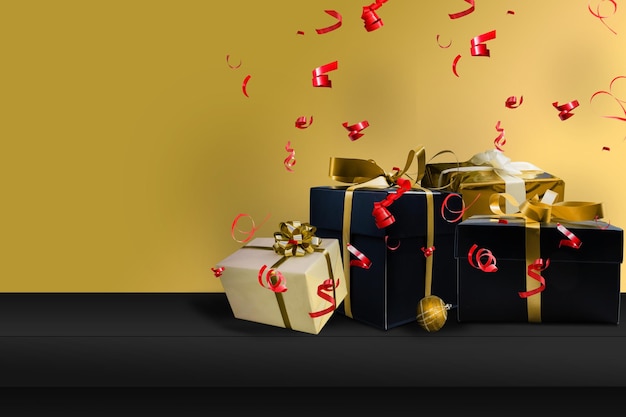 Black gifts with gold ribbons. christmas gift boxes on black\
background. merry christmas and happy holidays greeting card,\
frame, banner. black friday