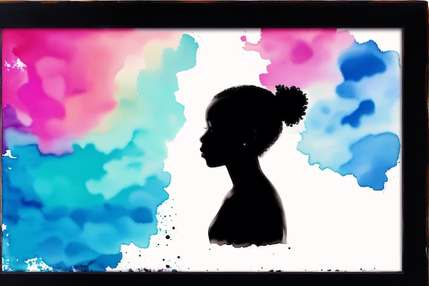 Photo a black girl in a blue and pink watercolor background