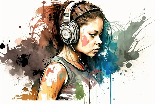 Black girl listens music realistic portrait of sad modern teenage watercolor illustration