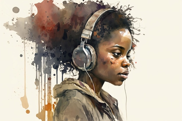 Black girl listens music with headphones portrait of teenager illustration generative AI