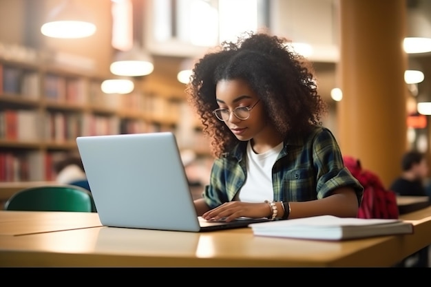 Чернокожая студентка пользуется ноутбуком в университетской библиотеке, сидит за столом и учится онлайн