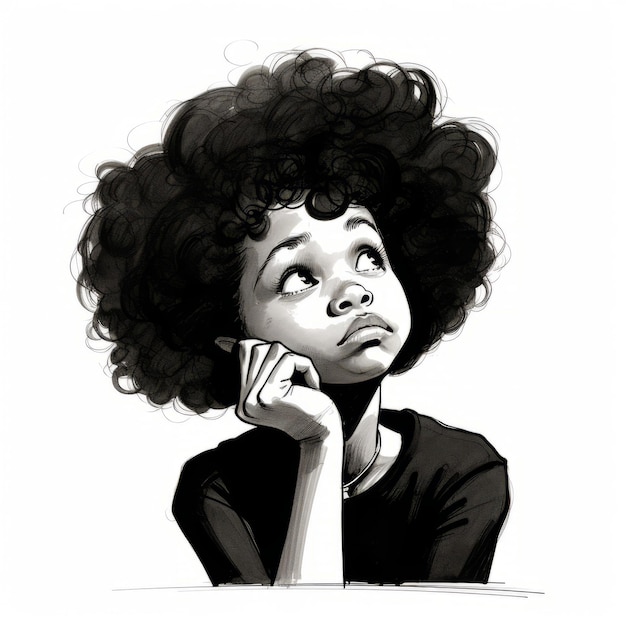 Black girl in thinking and doubts pose monochrome illustration Young female character with dreamy face on abstract background Ai generated black and white sketch poster