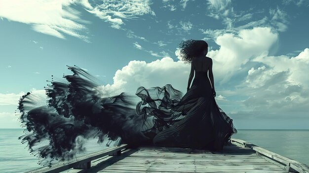 Photo black girl with a black dress which becomes paint standing on a pier