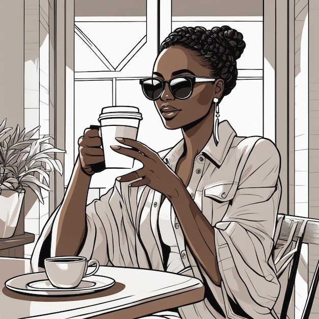 Photo black girl with coffee in her hand on international coffee day aesthetic illustration style