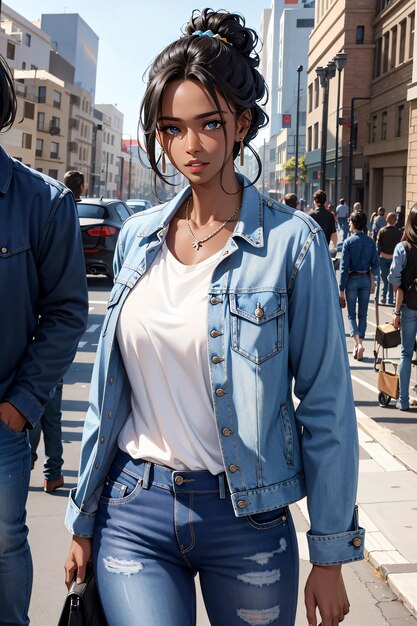 Black girl with denim jacketwhite shirt and denim pants walking in city