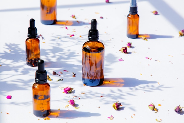 Black glass bottles for perfume and dry flowers on white surface.