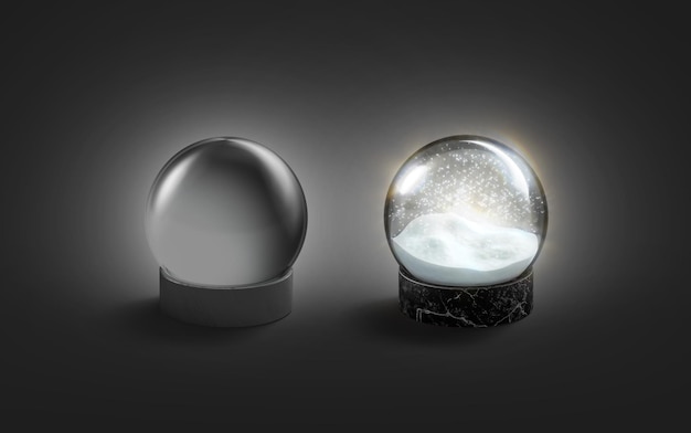 Черное стекло и светящийся макет снежного шара. Сказочная светящаяся сфера макет. Сверкающее украшение.