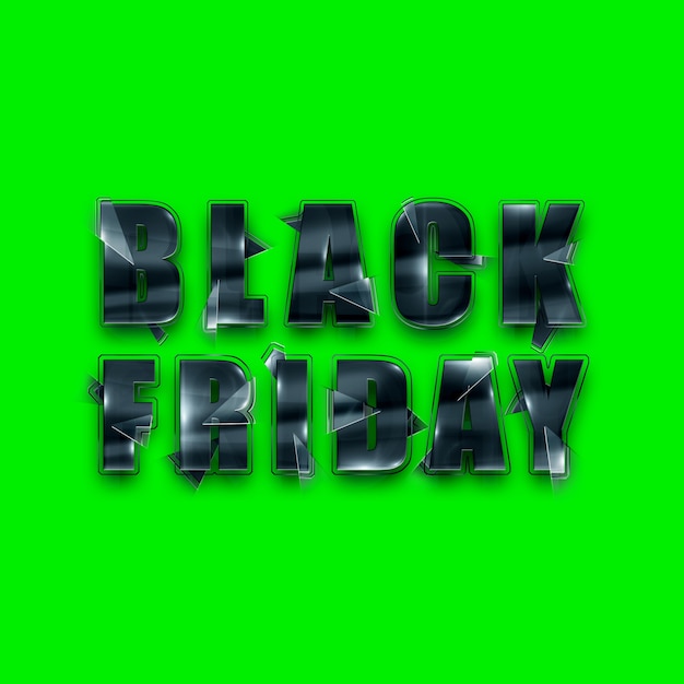 Photo black glass lettering black friday on a green background isolate. clearance sale flyer, magazine style modern design discounts price drop poster. 3d illustration 3d render.