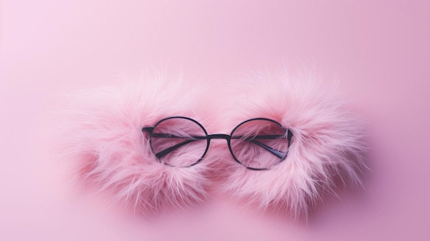 写真 ふわふわのピンクの毛玉が付いた黒いメガネ
