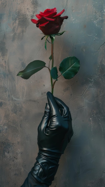質感のある背景に赤いバラを掲げている黒い手袋