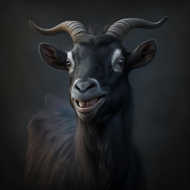 A black goat with horns and a dark background.