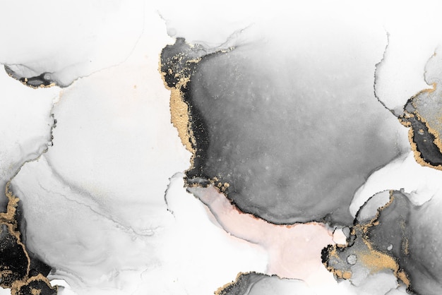 紙に大理石の液体インクアート絵画のブラックゴールドの抽象的な背景