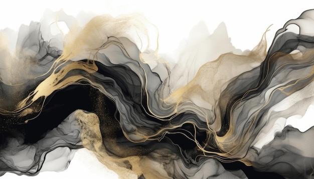 黒と金の抽象的な背景に金色の輝き 滑らかな流体ライン パターン インク アート モダンなバナー デザイン 波状の黒と金の線が付いたトレンディなカバー コピー スペース付き 生成 AI